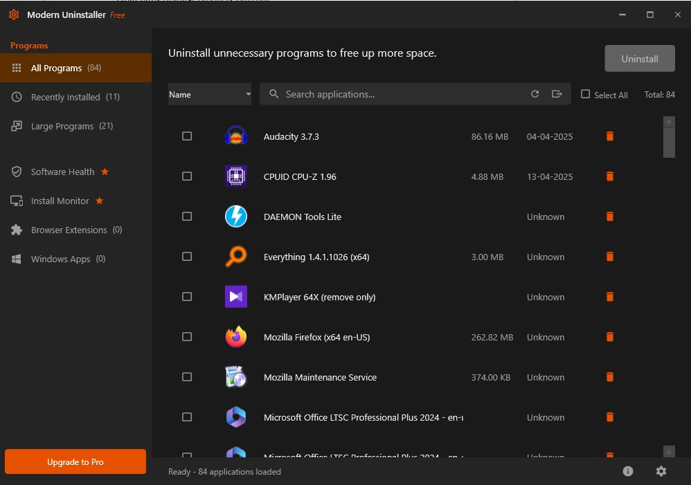 Modern Uninstaller Dark Interface